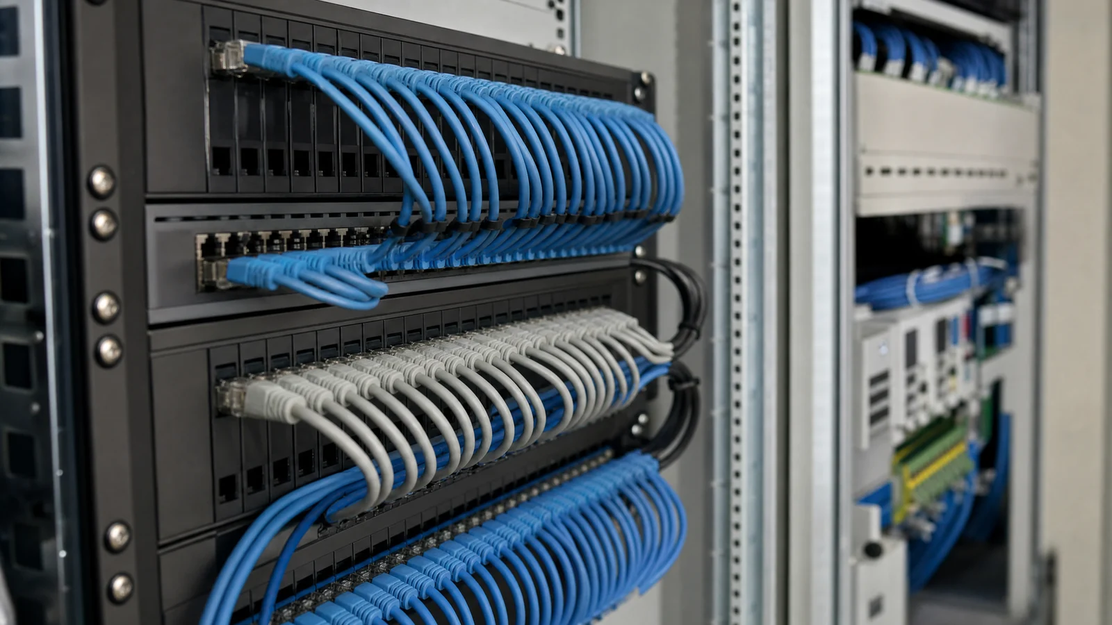 Illustratives Netzwerk-Rack mit geordneten blauen und grauen Anschlussleitungen.